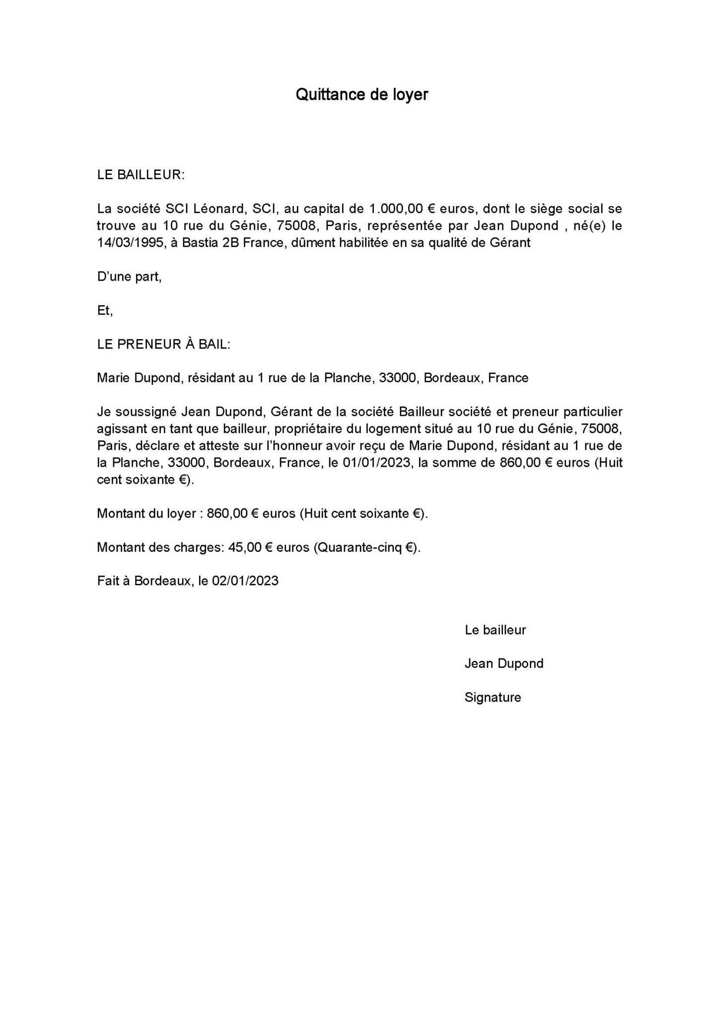 Mod le de quittance de loyer l onard