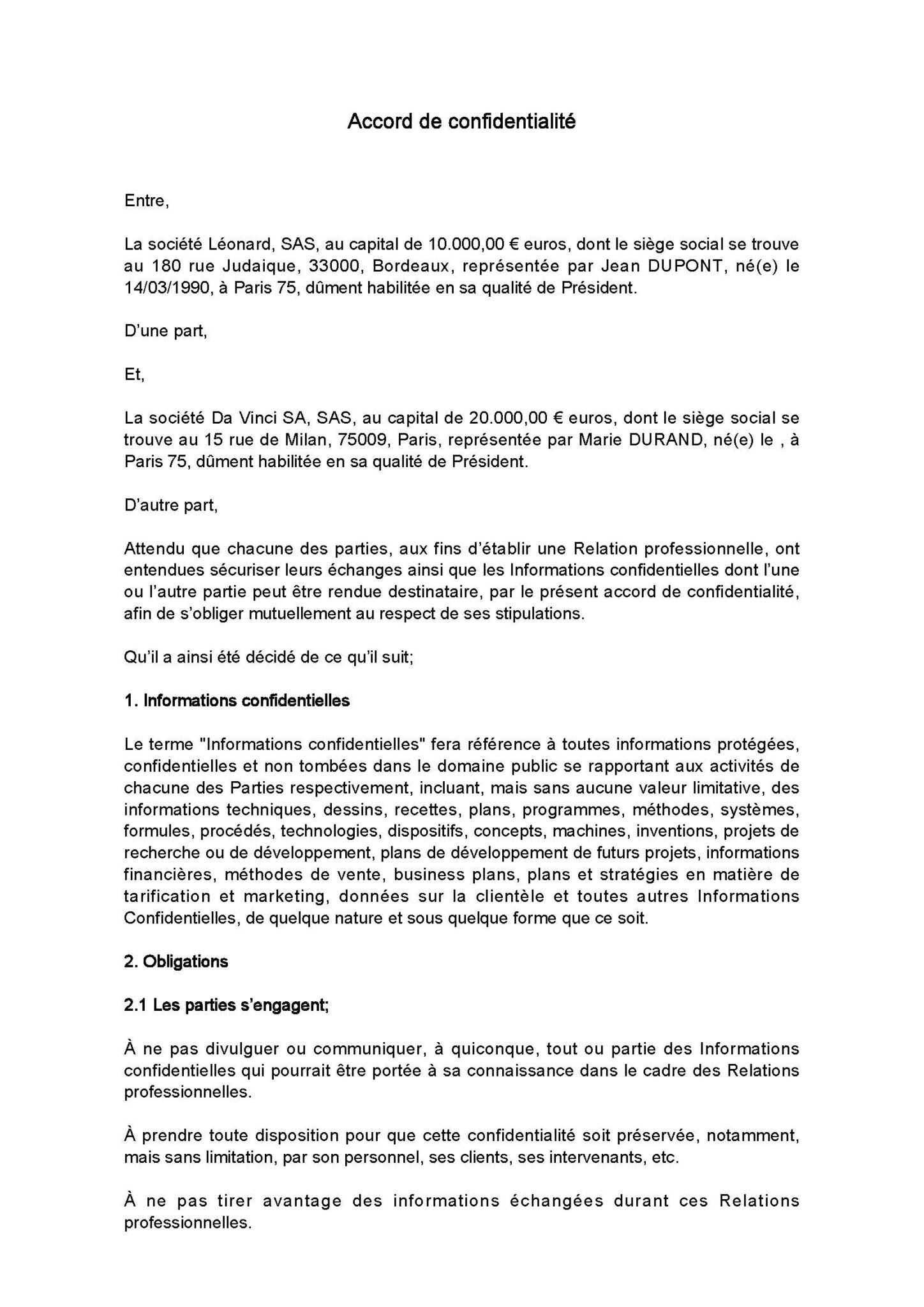 Accord de confidentialité Modèle et conseils